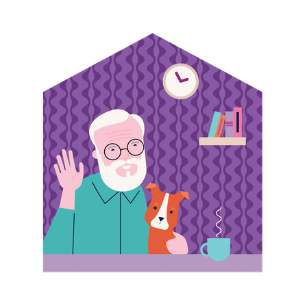 Old man waiving his hand and holding dog Illustration