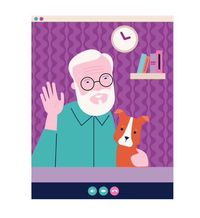 Old man waiving his hand in video chat Illustration