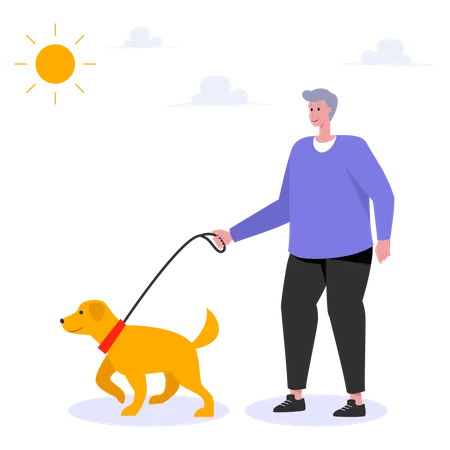 Old man walking with pet dog  Illustration