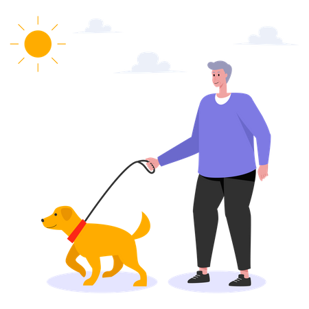 Old man walking with pet dog  Illustration