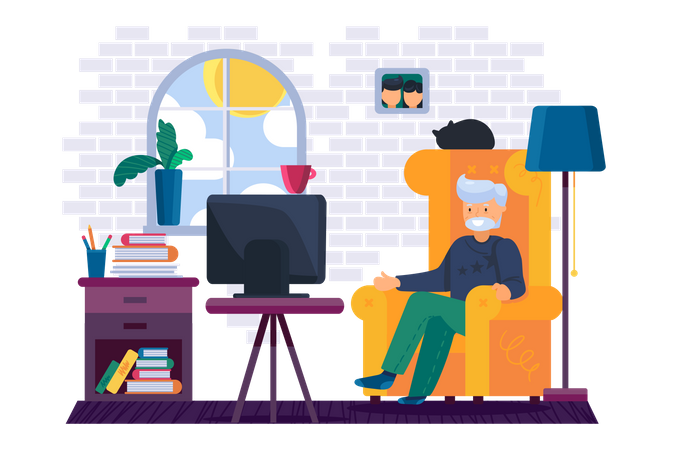 Old man watching tv  Illustration