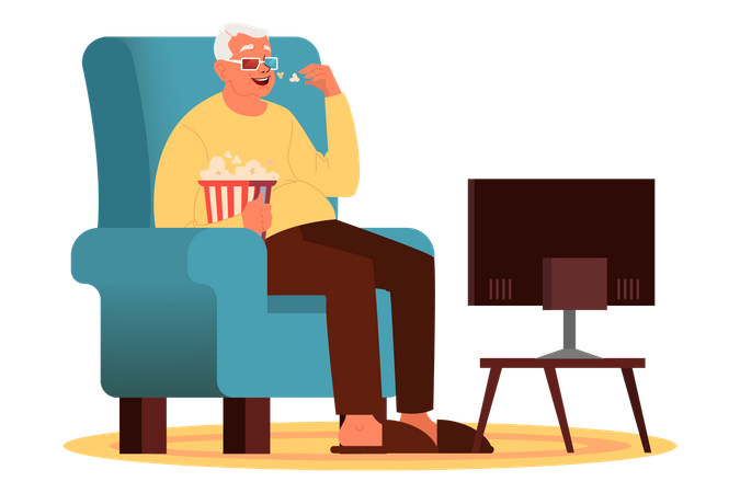 Old man watching TV with 3d glasses and popcorn Illustration