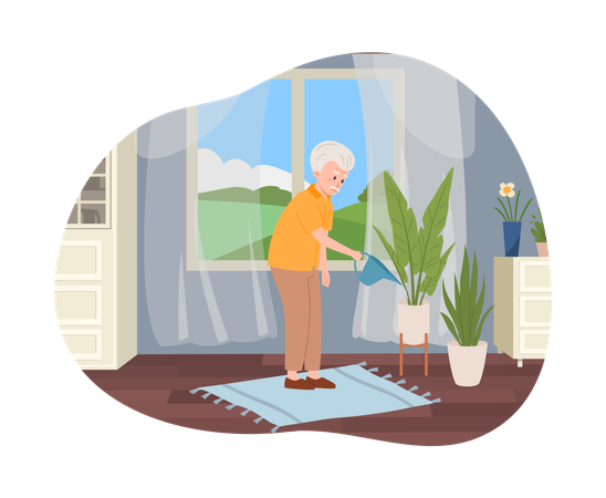 Old man watering flowers at home  Illustration