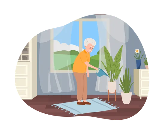 Old man watering flowers at home  Illustration