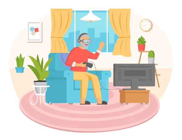 Old man wearing VR glasses  Illustration