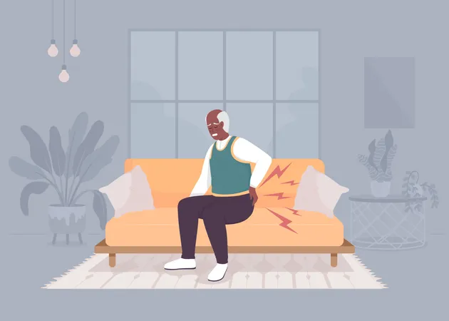 Degenerative Joint Disease In Elderly Flat Color Vector Illustration Old Man With Aching Back Painful Health Condition Fully Editable 2 D Simple Cartoon Character With Cozy Interior On Background 일러스트레이션