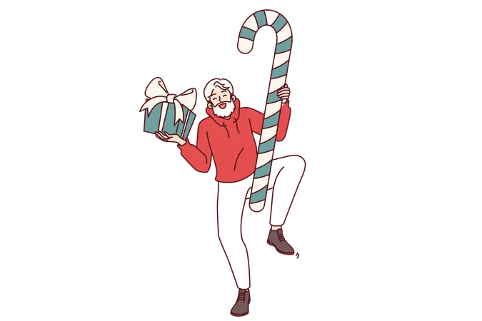 Christmas Old Man With New Year Gift And Huge Candy In Hands Dances Showing Festive Mood Cheerful Pensioner Rejoices At Coming Of Christmas Holidays And Receiving Gift From Friends Illustration