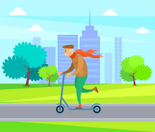 Old man with red scarf riding scooter in park  Illustration