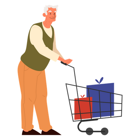 Old man with shopping cart Illustration