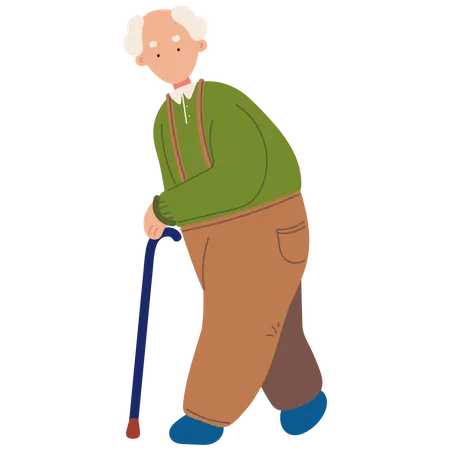 Old Man With Walking Stick Vector Illustration In Flat Color Design Illustration