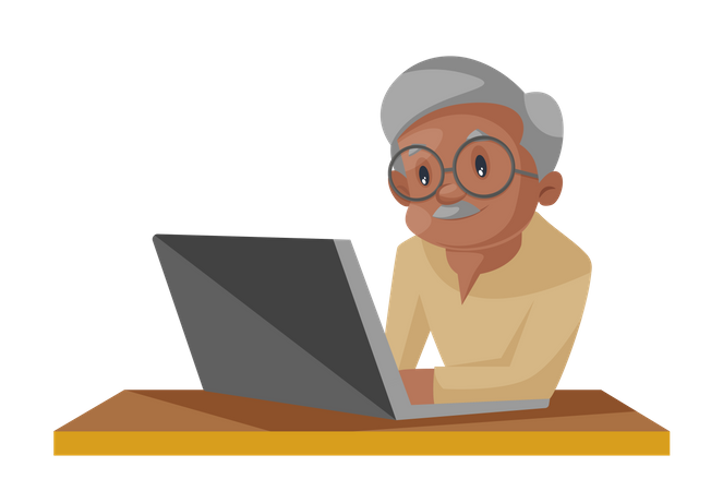 Old man working on a laptop  Illustration