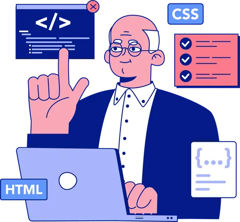 Old man working on web development  Illustration