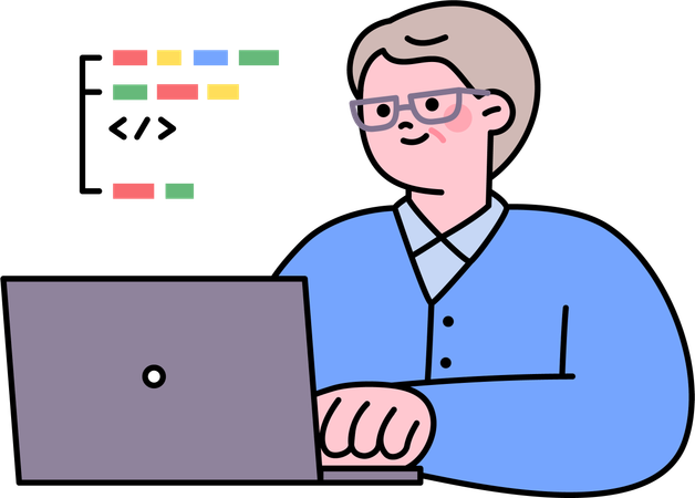 Old man works on software development  Illustration