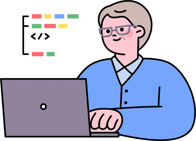 Old man works on software development  Illustration