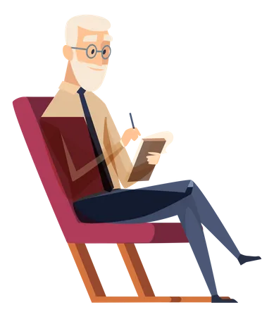 Old man writing notes at Psychology consultant Illustration