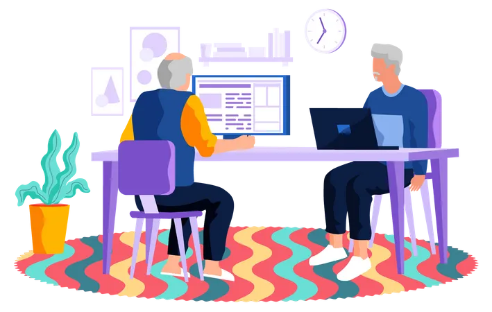 Old men working on computer  Illustration