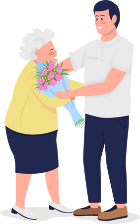 Old mother with adult son  Illustration