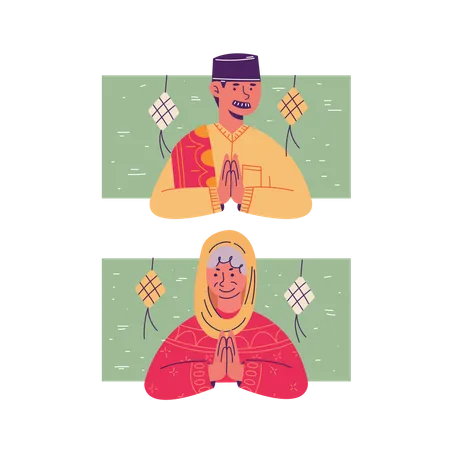 Old Muslim couple giving greetings  Illustration