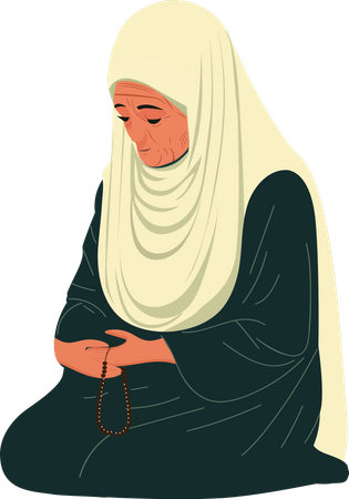 Old Muslim Woman Holding Tasbih  Illustration