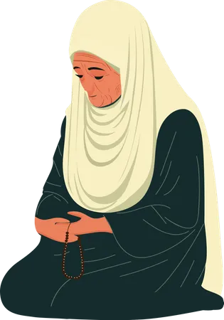 Old Muslim Woman Character Holding Tasbih In Sitting Pose Illustration