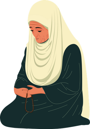 Old Muslim Woman Holding Tasbih  일러스트레이션