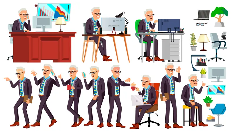 Old Office Worker Vector. Face Emotions, Various Gestures. Business Man. Professional Cabinet Workman, Officer, Clerk. Isolated Cartoon Character Illustration Illustration