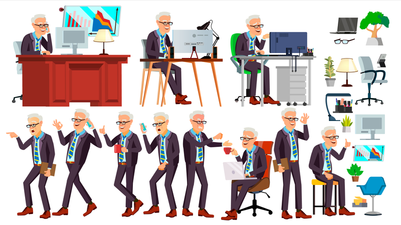 Old Office Worker Vector. Face Emotions, Various Gestures. Business Man. Professional Cabinet Workman, Officer, Clerk. Isolated Cartoon Character Illustration  Illustration