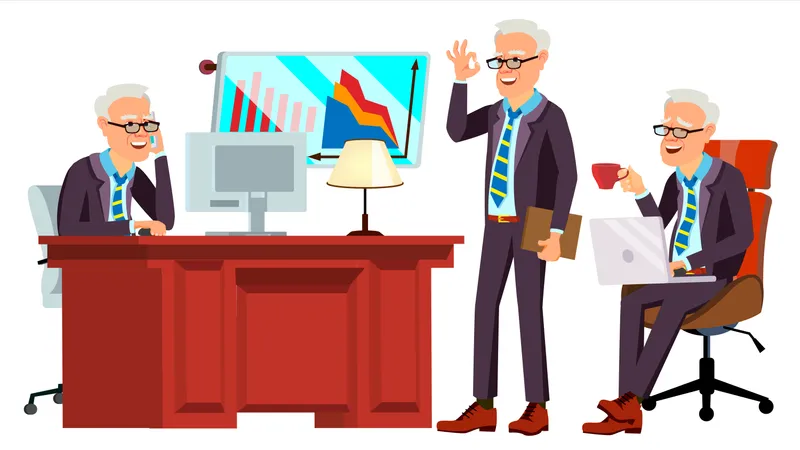 Old Office Worker Vector. Face Emotions, Various Gestures. Businessman Worker. Happy Job. Partner, Clerk, Servant, Employee. Isolated Flat Cartoon Illustration  Illustration