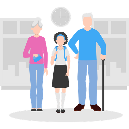 Old parents with daughter going to school Illustration