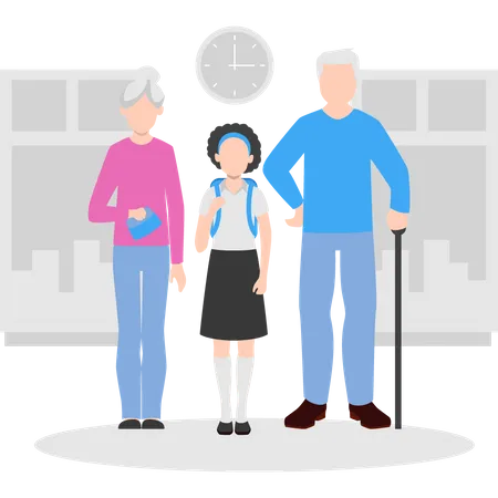 Old parents with daughter going to school Illustration