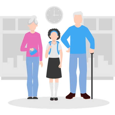 Old parents with daughter going to school  Illustration