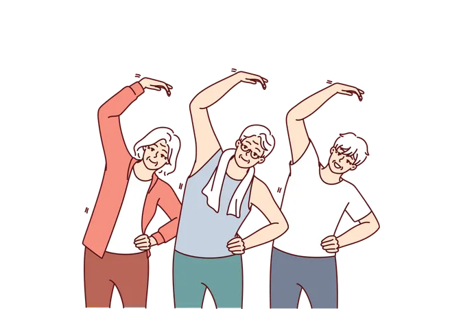 Group Of Elderly People Do Gymnastics And Lead Active Lifestyle Wishing To Have Good Health Elderly Men And Women Are Exercising In Nursing Home Doing Stretching And Daily Fitness Exercises Illustration
