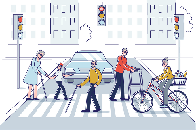 Old people crossing city streets Illustration