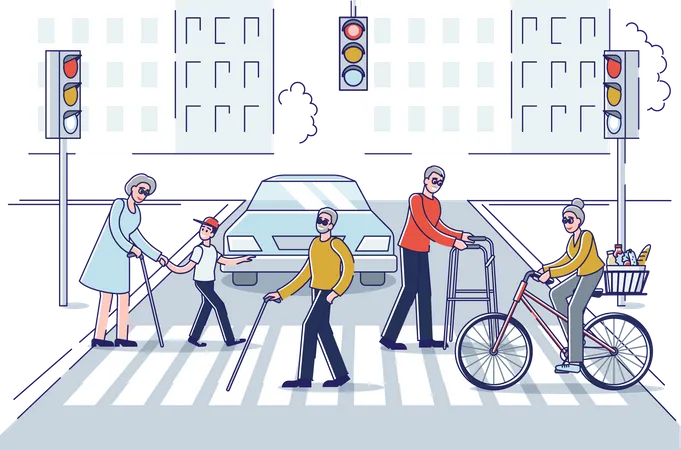 Old people crossing city streets Illustration