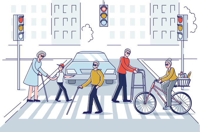 Old people crossing city streets  Illustration