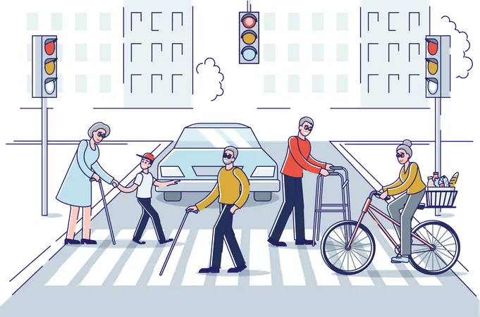 Old people crossing city streets  Illustration