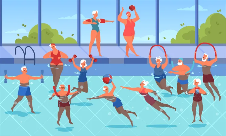 Old people doing exercise in swimming pool  Illustration