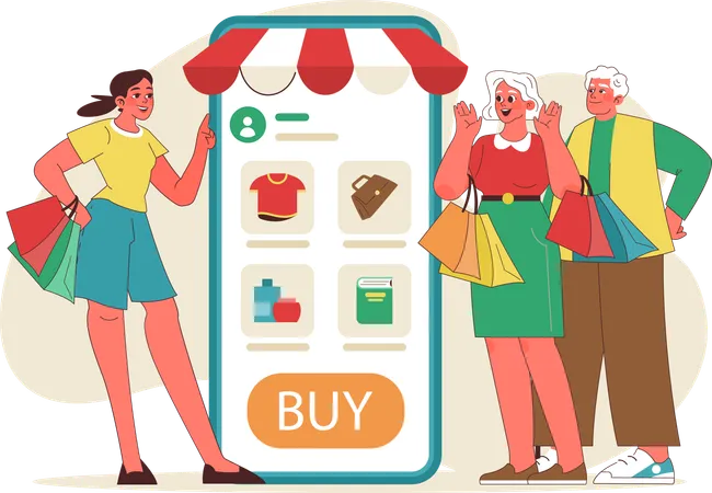 Old people doing online shopping  Illustration