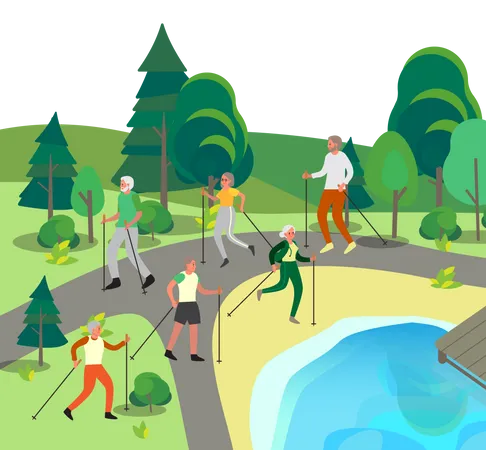 Old people doing walking together in park Illustration