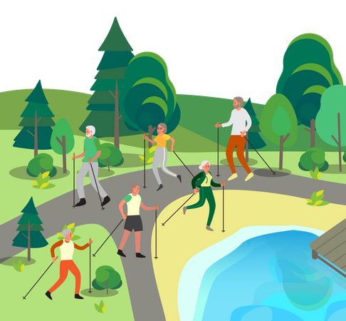 Old people doing walking together in park  Illustration