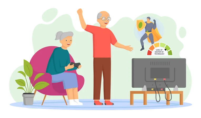 Old people play video game Illustration