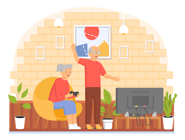 Old people play video game  Illustration