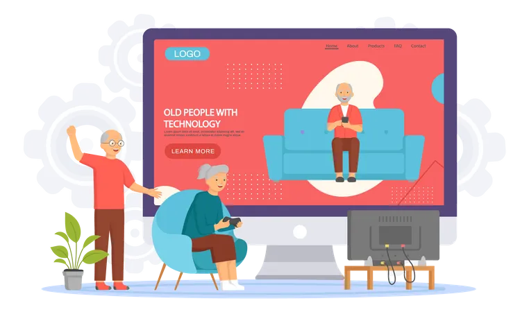 Old people play video game together Illustration