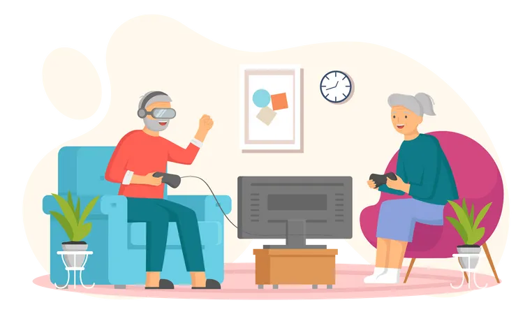 Old people play video game together Illustration