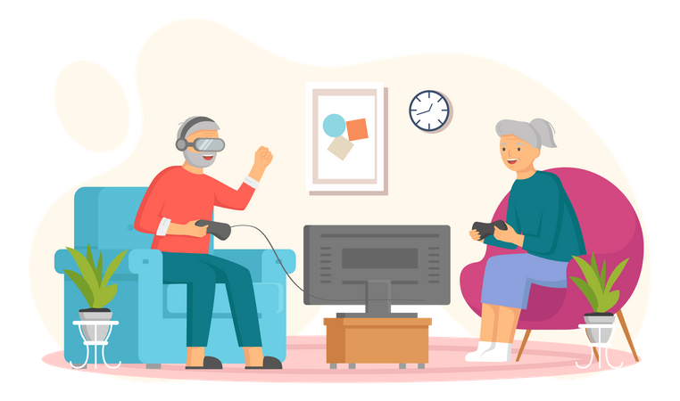 Old people play video game together  Illustration