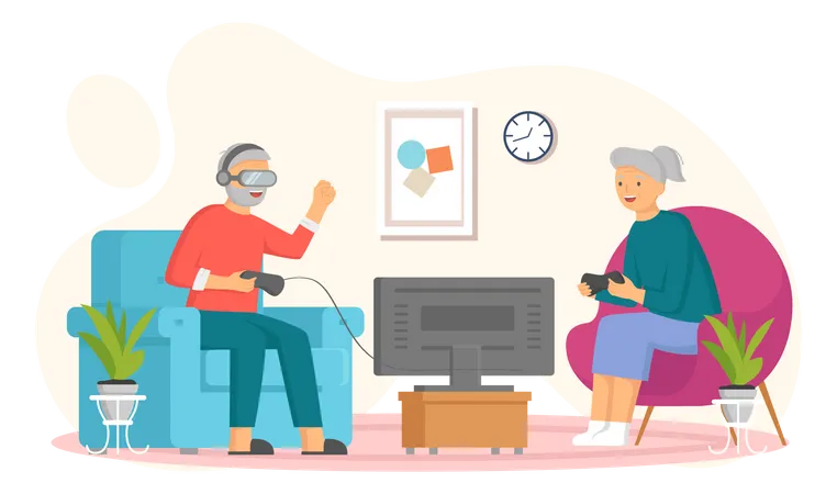 Old people play video game together  Illustration