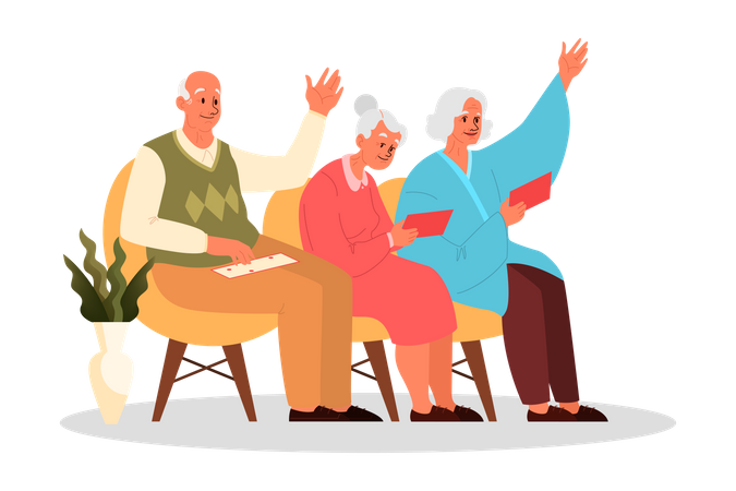 Old people playing bingo together  イラスト