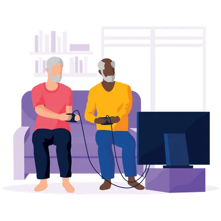 Old people playing video game Illustration