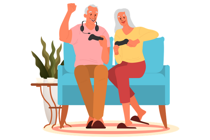 Old people playing video games Illustration