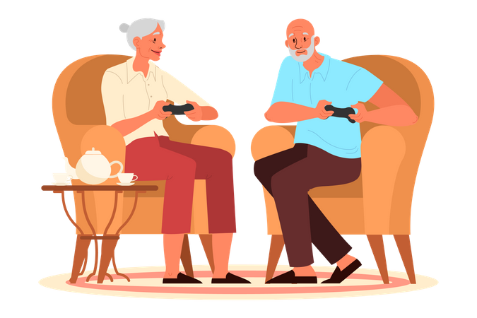 Old people playing video games Illustration
